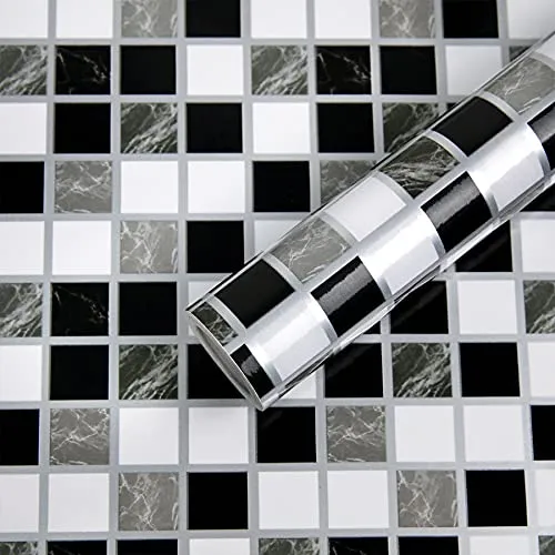 Fantasnight Mosaik Fliesenaufkleber, Schwarz und Weiß Klebefliesen Küche Bad, Küchenrückwand Wasserdichte Klebefolie Selbstklebende Fliesen, Fliesen Folie Selbstklebend 30 x 300 cm