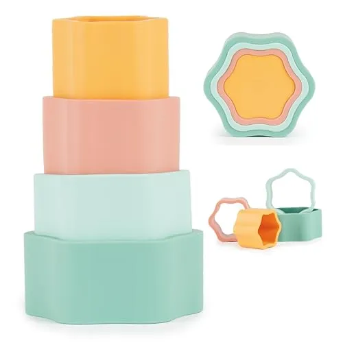 Bieco Silikon Baby Stapelspiel Tropical Vibes Baby Stapelturm ab 1 Jahr | Stapelbecher Baby bpa frei | Baby Stapelbecher | Stapelturm Baby Stapelspielzeug Stapelsteine baby Mädchen Spielzeug
