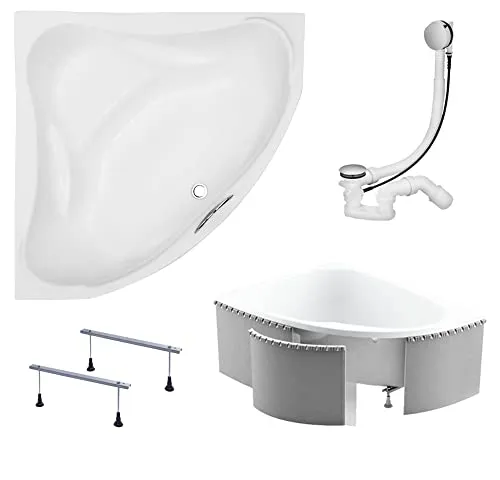 KOLMAN EWA Eckbadewanne 134x134 - Komplettset 4in1 mit Styroporverkleidung - Das 4in1 Set umfasst eine hochwertige Acryl-Badewanne, Füße und einen automatischen Siphon. Mit der Styroporverkleidung wird die Montage zum Kinderspiel. Genießen Sie eine langlebige und pflegeleichte Lösung für Ihr Badezimmer!