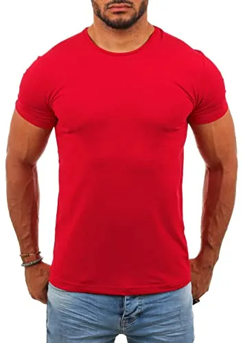 Young & Rich Herren Uni Basic T-Shirt mit Rundhals Ausschnitt einfarbig Stretch körperbetonte Dehnbare Passform 1701, Grösse:M, Farbe:Rot