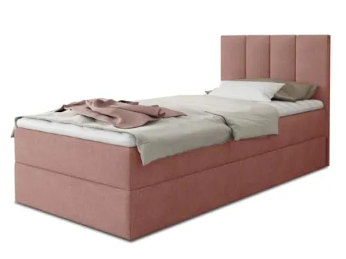 Boxspringbett Star Mini - Einzelbett mit Bettkasten und Matratzentopper - Polsterbett für Schlafzimmer und Jugendzimmer, inkl. Bettkasten für Bettwäsche und Luxus Bonell-Matratze für optimalen Schlafkomfort.