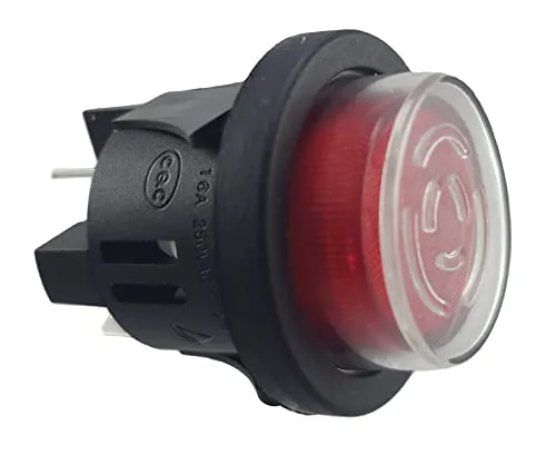 Druckschalter PS18-16 mit Wasserdichte Abdeckung, Einbau ø 25mm 250V 16A rot, beleuchtet push-EIN push-AUS, Flachstecker 6,3mm