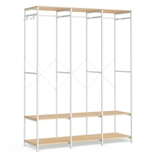 SONGMICS Kleiderschrank offen, mit Kleiderstange, 40 x 141 x 180 cm | Garderobenständer, Ablagen, abnehmbare Haken, naturbeige, BLOCHIC Kollektion RGR005W67