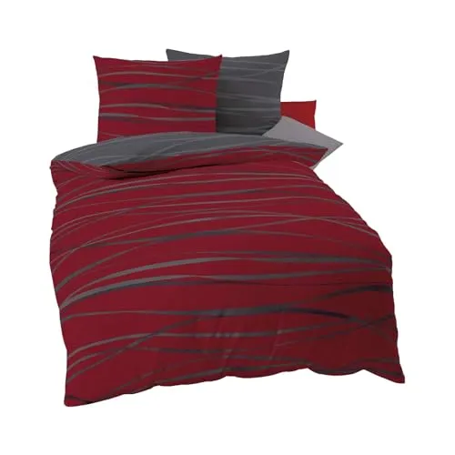 G BETTWARENSHOP Mako-Satin Bettwäsche Motion Rubin 155x220 cm - Bettwäsche-Set aus hochwertigem Mako-Satin mit Klimaausgleich, ideal für ganzjährigen Schlafgenuss. Pflegeleicht, langlebig und mit elegantem Wendedesign in Grau und Rubin.