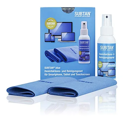SUBTAN Blue Desinfektions- und Reinigungsset – alkoholfreies Spray 100 ml + 2 Premium Reinigungstücher – streifenfrei für Display, Touchscreen, Smartphone, Tablet – Made in Germany