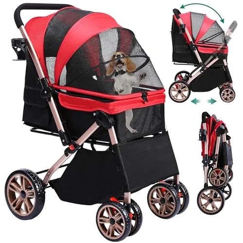 YITAHOME Faltbarer Hundebuggy für Hunde mit umkehrbarem Griff (Rot)