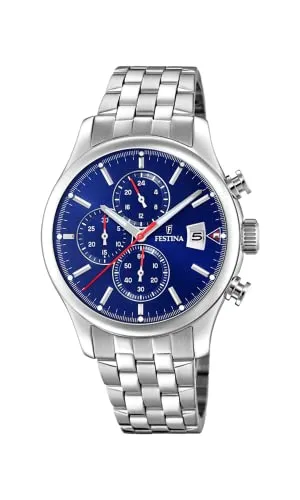 Festina Herren Chronograph F20374/2 - Edelstahl Armband - Armbanduhren für Herren mit 43 mm Edelstahlgehäuse, blauem Ziffernblatt und 10 bar Wasserdichtigkeit - perfekt für stilbewusste Männer.