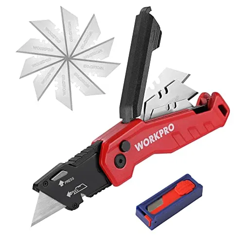 WORKPRO Teppichmesser aus Aluminium, Faltbares Universalmesser Cuttermesser mit Schnellwechselklinge und Gürtelclip, Klappmesser mit Klingenaufbewahrung, mit 13 zusätzlichen Klingen, Rot