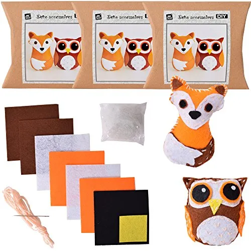 TE-DecoArt 6 Stück Set DIY Filz Nadelfilz Set Bastelset Bastelfilz 33-teilig Fuchs Eule selbst Basteln ca. 9x7x2 cm braun weiß