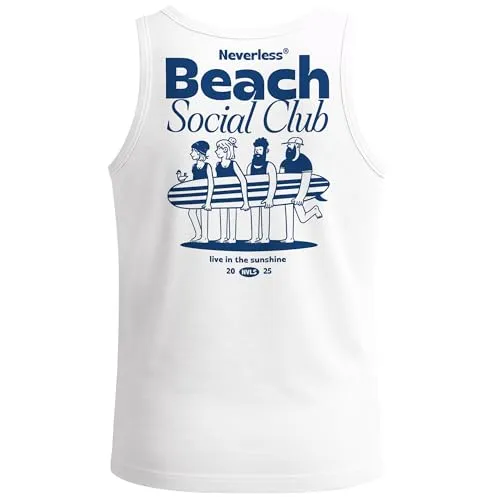 Neverless® Herren Tank-Top Backprint Beach Social Club Surfer Grafik Sommer-Slogan Muskelshirt Baumwolle Weiss L