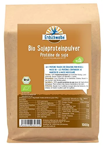 Erdschwalbe Bio Sojaprotein - Veganes Eiweißpulver - 1 Kg - Soja Proteine - Hochwertiges, GMO-freies Eiweißpulver aus 100% Bio-Sojabohnen, perfekt für Muskelaufbau und vielseitig einsetzbar in Shakes, Müslis oder beim Backen.