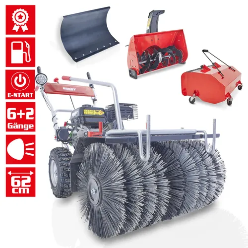 HECHT 8616 SE SET 1 Benzin-Kehrmaschine 62 cm mit Schneeschild, Auffangbox & Fräskopf, 6,5 PS