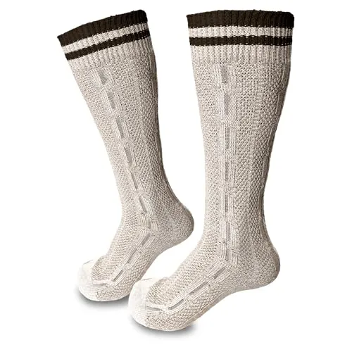 Steigenhöfer Manufaktur Gestreifte Lange Trachtensocken Herren und Damen aus Baumwolle - Trachtenstrümpfe für Oktoberfest und andere Feierlichkeiten - Wiesn Unisex Socken - Naturbraun - 45-46