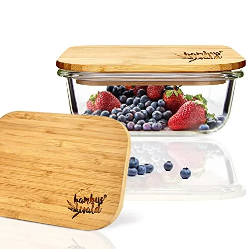 bambuswald© Frischhaltedose aus Glas mit 370ml - Glasbehälter mit Deckel aus ökologischen Bambus - Glasschale Backofen geeignet - Glasschüssel Glasdose Vorratsdosen