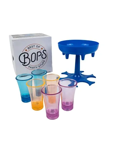 BOPS® - Schnapsglasspender für 6 Personen inklusive mehrfarbiger Gläser - Shot Verteiler Trinkspiel Ausgießer inklusive Verschlussstopfen (Blau)