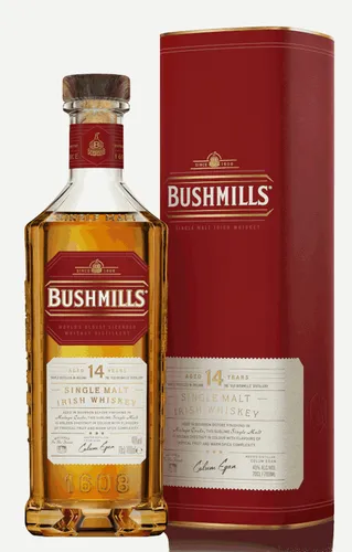 Bushmills 14 Years Single Malt Irish Whiskey - Whisky - Dreifach destillierter Premium Whiskey mit 14 Jahren Reifung in Ex-Bourbon- und Malagawein-Fässern, harmonische Aromen von Honig, Vanille und exotischen Früchten.