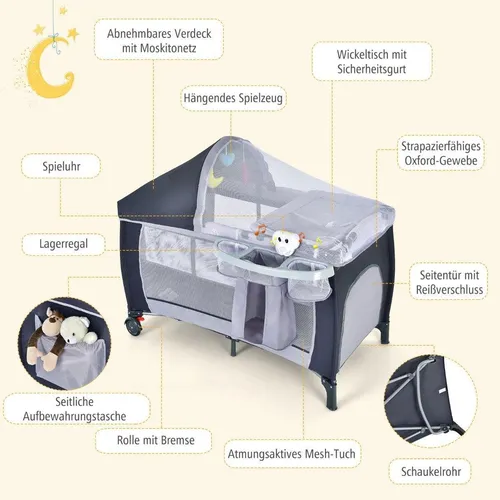 4-in-1 Klappbares Reisebett & Babywiege in Grau