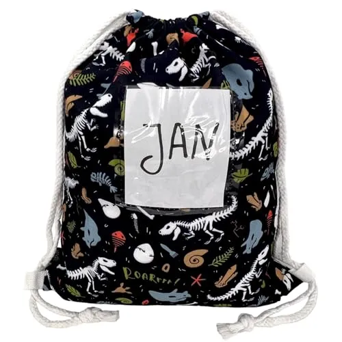 HECKBO Turnbeutel Mädchen Jungen mit Sichtfenster - Dino Dinosaurier Skelett - 40x32cm - Kindergarten, Kita, Krippe - Rucksack