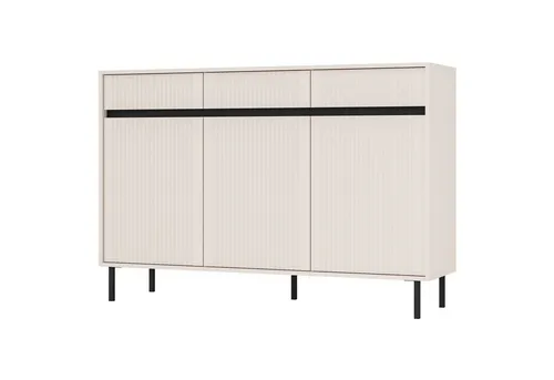 Selsey Osaka Sideboard 3-türig mit Schubladen, Sandbeige, 149 cm - Kommode mit drei Türen und drei Schubladen, bietet durchdachte Aufteilung für optimale Aufbewahrung und stilvolles Design. Hohe Metallfüße sorgen für Leichtigkeit und einfache Reinigung.