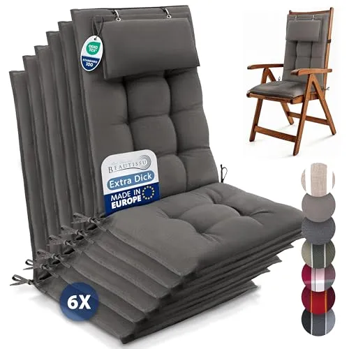 Beautissu 6er Set Premium Hochlehner Auflage mit Kopfpolster 120x50cm Sun-HL – 8cm Dick Polster Gartenstuhlauflage rutschfest Befestigungsbänder UV-Lichtechtheit 5 – Robust Stoff Uni Taupe