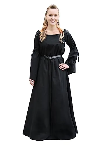 Battle-Merchant Mittelalterkleid Burglinde mit Trompetenärmeln lang aus Baumwolle S-XXL in div. Farben - Wikingerkleid Mittelalter Wikinger LARP Kleid (XXL, Schwarz)