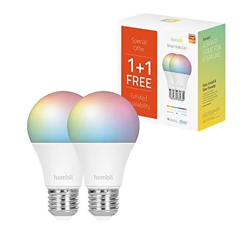 Hombli smarte LED Glühbirne E27, dimmbar, warmweiß bis farbig CCT RGB, 9W 800 Lumen, App-fähig, kompatibel mit Alexa, Google Assistant, Siri, 2er Pack
