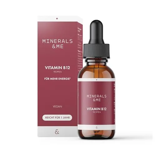 MINERALS & ME® Vitamin B12 Tropfen – 200 µg je Tropfen, 50 ml (ca. 1.000 Tropfen) – vegan, alkoholfrei & geschmacksneutral, laborgeprüft – Jahresvorrat