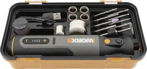 Worx Graviergerät 8V mit Koffer und Ladekabel - Leistungsstarkes Rotationswerkzeug mit ergonomischem Design für präzises Arbeiten. Variable Drehzahl von 5000 bis 28000 U/min für vielseitige Anwendungen. Ideal für Heimwerkerprojekte.