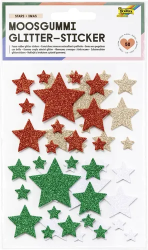 folia Moosgummi Glitter-Sticker STARS XMAS 50 Stück auf 2 Bögen
