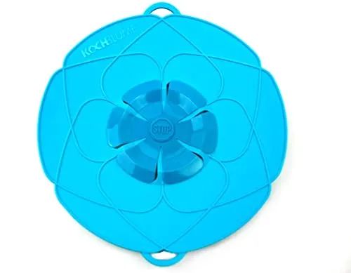 Kochblume das Original - Silikon Überkochschutz für Töpfe und Pfannen - Spritzschutz für Pfannen, vielseitig einsetzbar als Mikrowellen-Deckel oder Dampfgar-Aufsatz, ideal für Topfgrößen 14-24 cm in ansprechendem Türkis.