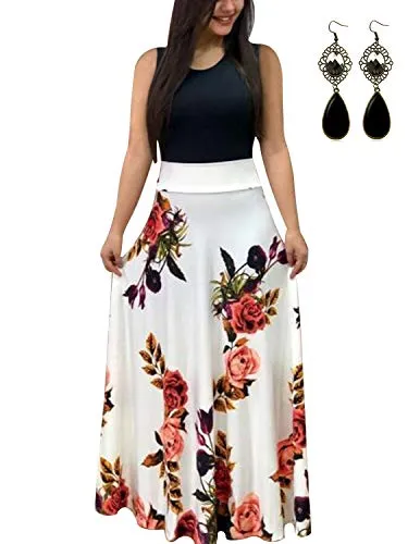 UUAISSO Sommerkleid Damen Lang mit Blüte Drucken Lang High Waist Elastische Strandkleider Maxikleider M-weiß-Ohne Arm 2XL