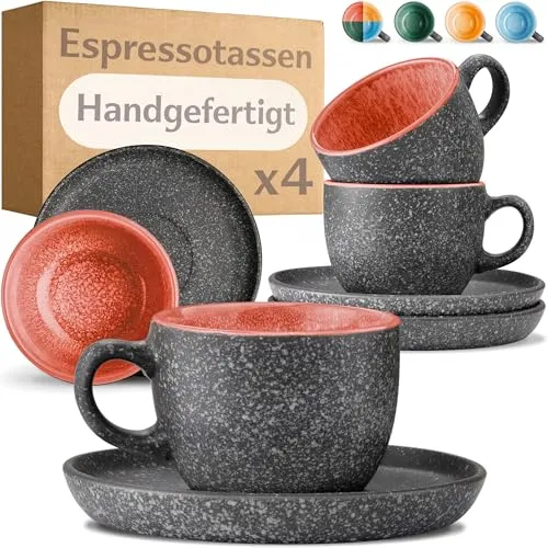 Cosumy Espressotassen mit Untertassen 4er Set - 90 ml Keramik, 𝗗𝗶𝗰𝗸𝘄𝗮𝗻𝗱𝗶𝗴𝗲𝘀 Steingut mit Handgefertigter Reaktiver Glasur in Rot - Hält Lange Warm