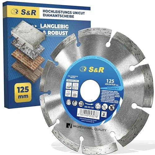 S&R Diamanttrennscheibe PREMIUM, Trennscheibe 125 x 22,23 x 10 x 2,2 mm, zum Schneiden von Beton, armierter Beton, Granit, Naturstein, Ziegel, für Flex