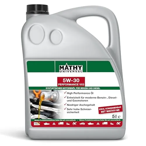 MATHY Motoröl SAE 5W-30 Performance VX3 (5,0 l) - Hochleistungs-Motoröl für moderne Diesel- und Gasmotoren, ideal für den ganzjährigen Einsatz. Synthetisches HC-Öl sorgt für optimalen Schutz und Leistung. Perfekt für PKW, Motorräder und Nutzfahrzeuge.