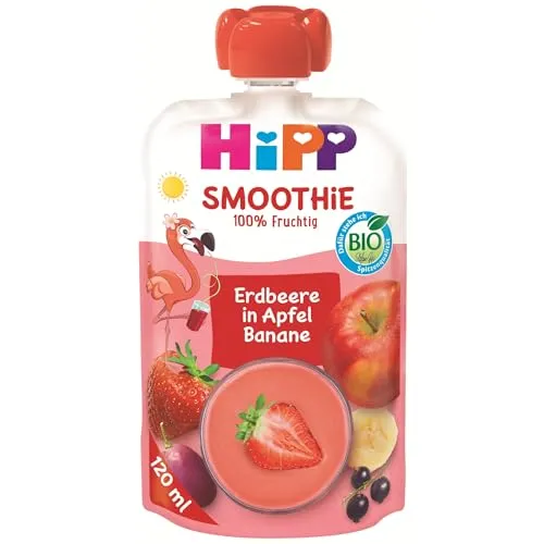 HiPP Bio Smoothie Erdbeere in Apfel Banane (6 x 120ml), Quetschie ab 1 Jahr, glutenfrei, fein püriert, ideal als fruchtiger Snack für unterwegs
