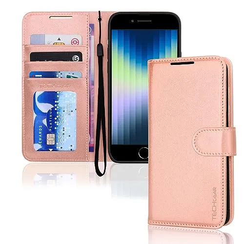 TECHGEAR hülle iPhone SE 2022 5G / 2020 Leder klappbar, PU Leder Flip Schutzhülle Ledertasche [Brieftasche] Handyhülle mit Ständer und Handschlaufe - Roségold Kompatible mit iPhone 8/7/6