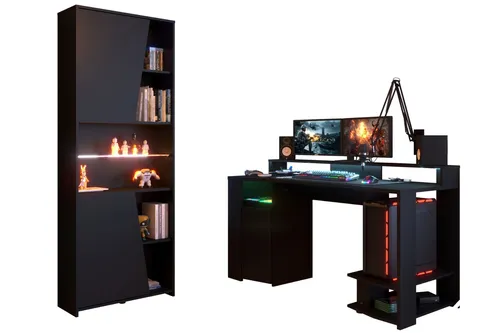 PARISOT Gaming-Set für Jugendzimmer - Computermöbel-Set in Schwarz mit praktischem Gamingtisch und Regal, inklusive Kopfhörer-Aufhängung und pflegeleichter Oberfläche - ideal für Gamer!