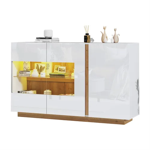 Hochglanz Sideboard Kommode mit Glas und LED, 138x38x90,5 cm