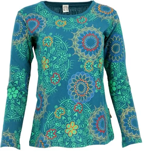 GURU SHOP Besticktes Langarmshirt Hippie Chic Retro - Türkisblau, Damen, Size:M
