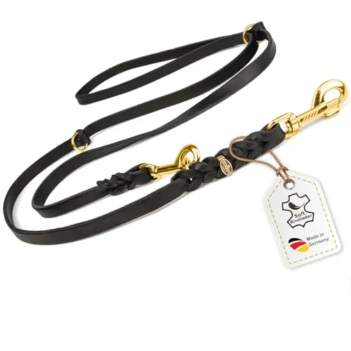 Hundeleine Leder 2,40m mittelgroße Hunde Fettlederleine [3-Fach Verstellbar] Lederleine geflochten – robuste Leine Hund mit Messingbeschlägen – Führleine Hund & Freihandleine – Dog Leash Schwarz 15mm