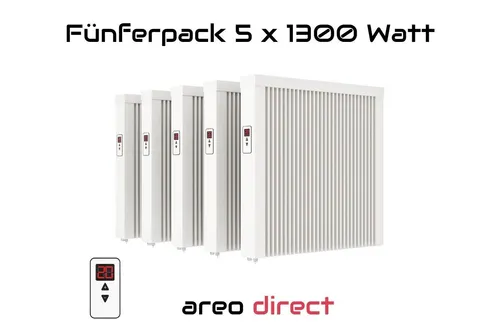 Elektroheizung 5x1300W - Flächenspeicherheizung mit Smart Home Kompatibilität - Heizgerät mit digitalem Bildschirm und einstellbarem Thermostat, ideal für Räume bis 20 m². Profitieren Sie von 12% Rabatt und automatischer Abschaltung für mehr Sicherheit.