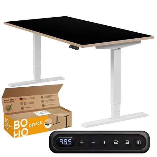 boho office® Schreibtisch Homedesk - Höhenverstellbar in Weiß mit Schwarzer Tischplatte - Schreibtisch mit 3 Jahren Garantie und TÜV-geprüfter Sicherheit. Ergonomisch höhenverstellbar von 60 bis 125 cm für gesundes Arbeiten.