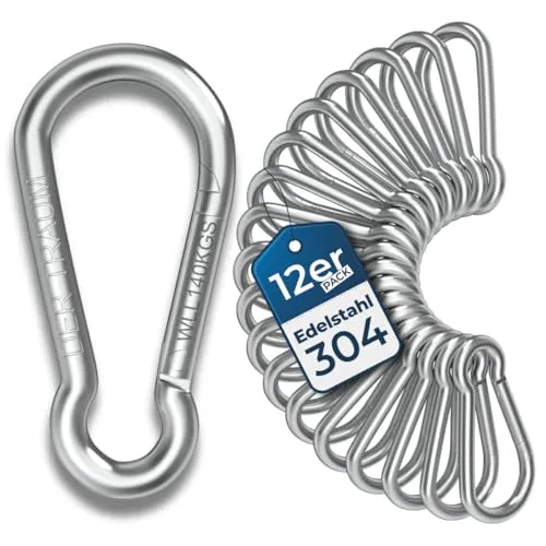 Der Traum 12 Stück Karabinerhaken Edelstahl, 6 x 60mm – Karabiner mit Belastbarkeit von 140 KG – Ideal für Schlüsselanhänger, Camping, Wandern, Reisen, Angeln, Rucksack (Silber)