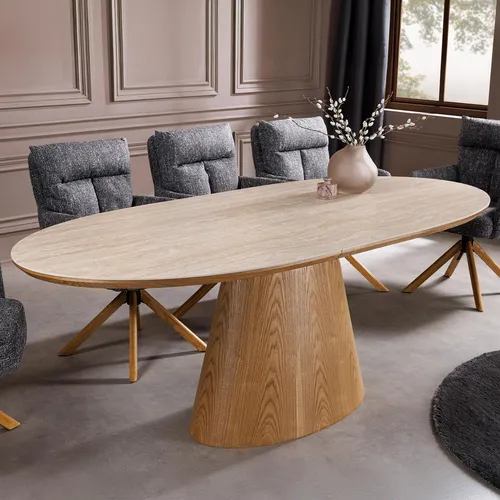 Riess Ambiente Ausziehbarer Esstisch Unique - 160-200cm - Natur - Eichenholz Travertin Keramik - Ausziehbarer Esstisch mit eleganter Travertin-Keramikfläche für stilvolle Esszimmer. Der Säulenfuß aus Eichenholz sorgt für Stabilität und natürliche Wärme. Flexibel von 160cm auf 200cm erweiterbar, ideal für gesellige Anlässe.