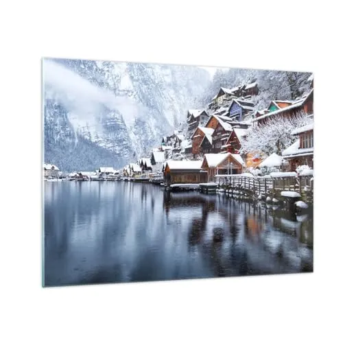 Bilder auf Glas Landschaft Bergsiedlung Winter Glasbild 70x50cm Wandbilder Dekoration Wohnzimmer Schlafzimmer Küche Deko Klein Wanddeko Bild im Glas Wand Kunstdruck Art Modern Wall Decor GAA70x50-5363