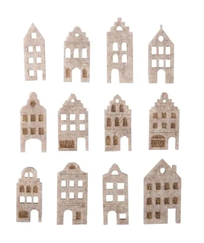 Rayher Filz-Streuteile Nordic Häuser, 3,5 - 4,2 cm, mit Klebepunkt, Beutel 12 Stück, sortiert, Tischstreuer, Streudeko Weihnachten, 46808000