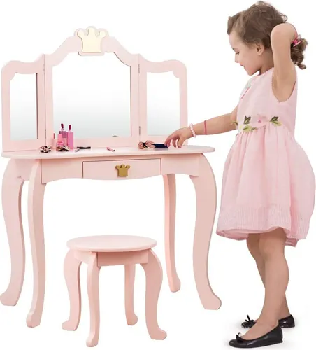 GOPLUS Rosa Schminktisch mit klappbarem Spiegel und Hocker - Hochwertiger Schminktisch für Mädchen mit abnehmbarem Spiegel, stabiler Konstruktion und rutschfesten Pads. Perfekt für kreative Momente und als Schreibtisch nutzbar.