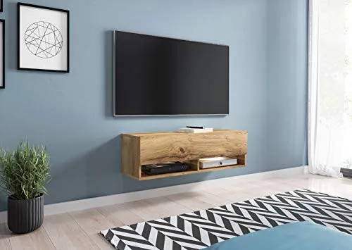 MINIO go for it - Lowboard TV-Schrank I 100x30x33 cm I mit Türen und Offene Nischen I Laminierte Spannplatte I Praktisch und Funktionell I Wotan Eiche - LED Beleuchtung