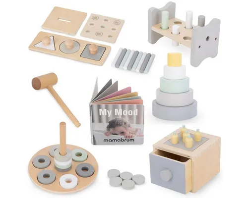 Mamabrum Montessori Spielzeug ab 1 Jahr – 6-in-1 Motorikspielzeug für Kleinkinder - Pädagogisches Holzspielzeug zur Förderung kognitiver und motorischer Fähigkeiten, sicher und umweltfreundlich, ideal für kreative Entdeckungen.