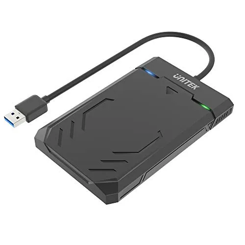 UNITEK Festplattengehäuse für 2,5 Zoll HDD/SSD SATA I/II/III Festplatten, Externe Festplatteschutz, mit eingebautes 3.0 Kabel, werkzeuglose Montage, schwarz Y-3036